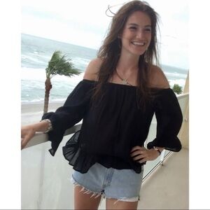 BCBG Maxazria Women Sz XXS 2XS Black Gauze Cotton Off the Shoulder Blouse Peplum